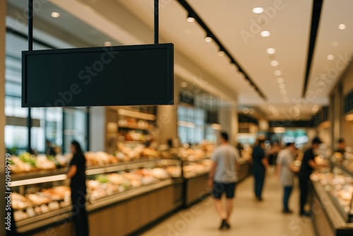 Blank Sign Hangs Above Fresh Food Display in Modern Market, Copy Space for Grocery Store's Information or Advertisement