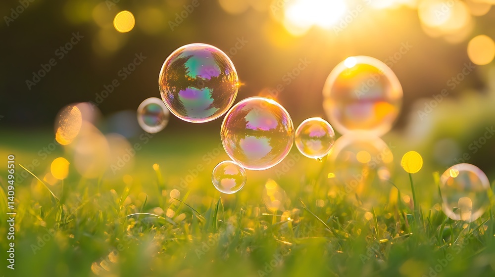 Transparent Bubbles Floating Above Green Grass with Bright Sunlight and Bokeh
