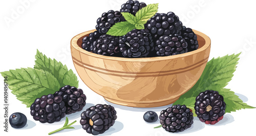 Blackberry in bowl in white background vector design, Blackberry vector design
