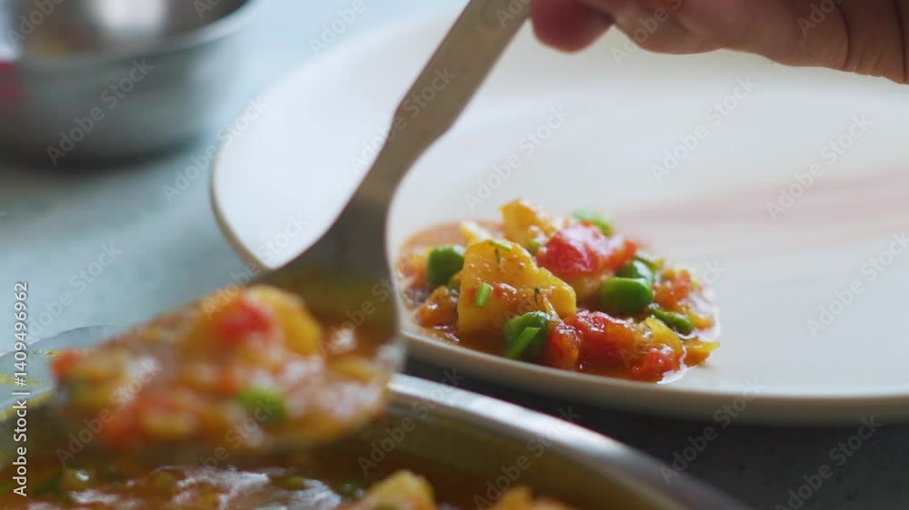 Closeup shot of man placing cooked Aloo mutter on a plate with the help of spoon for his lunch. Indian food background with copy space. Traditional Indian sabji or cooked Vegetables on a plate.