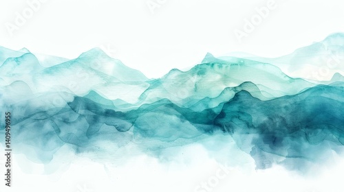 Abstract Watercolor Waves in Shades of Teal and Turquoise - Serene Wash of Blue-Green Hues Creating Mountainscape.