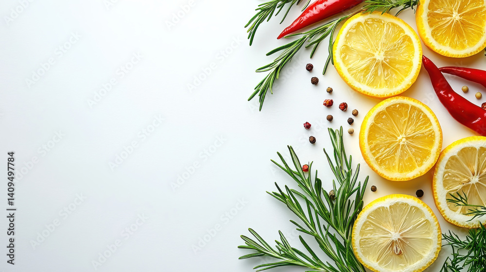 Blank Background of Lemon slices, chili peppers, and rosemary on white background Blank Background of Lemon slices, chili peppers, and rosemary on white background