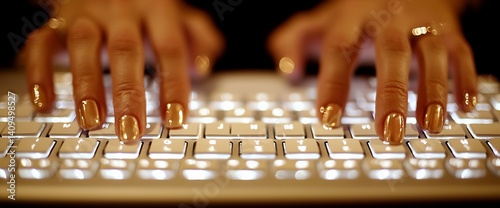 Close-up of hands with gold nail polish typing on illuminated keyboard