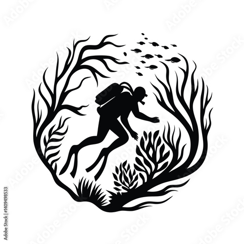 Scuba Diver Silhouette, Underwater Scene, Ocean Life, Black and White