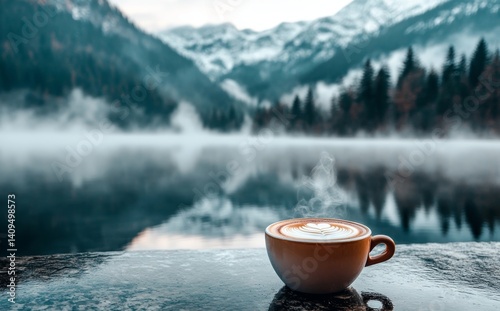The reflection of a snowy mountain landscape in a steaming cup of coffee