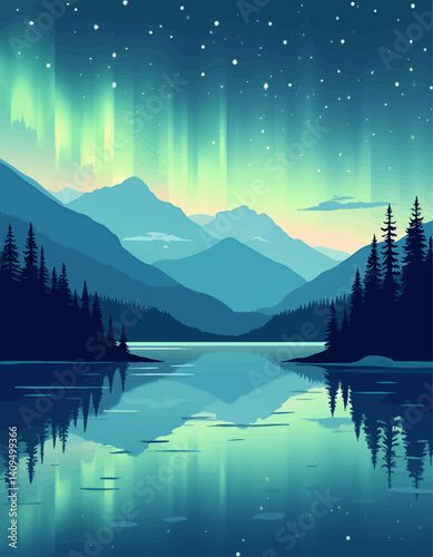 Aurora Borealis over Mountain Lake Reflection