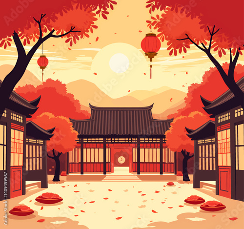 Autumnal Chinese courtyard with lanterns and falling leaves