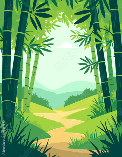 Bamboo forest path, green landscape illustration