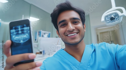medicine, dentistry and technology concept - happy smiling indian doctor or male dentist in blue uniform having video call on smartphone over dental clinic background photo