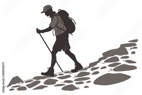 Mountain Hiker Silhouette Vector – Man Hiking Uphill with Backpack and Trekking Pole on Rocky Terrain