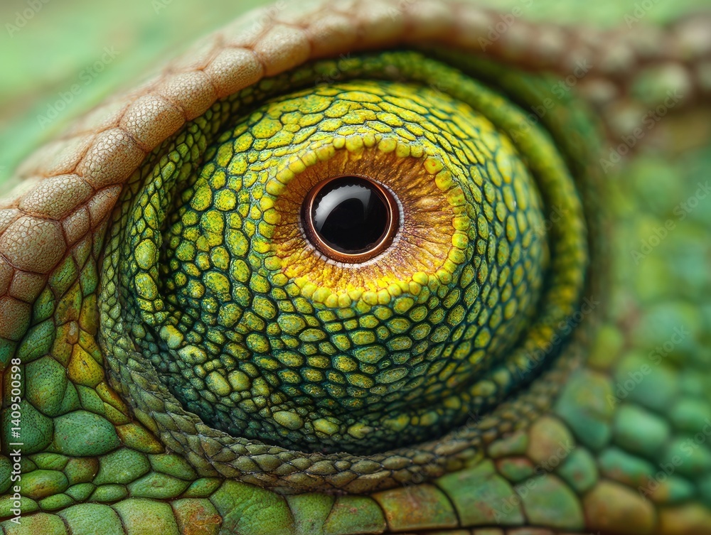 Fototapeta premium macro photo of a chameleon eye with scaly skin texture, isolated on soft olive green background, extreme close-up, vibrant color detail