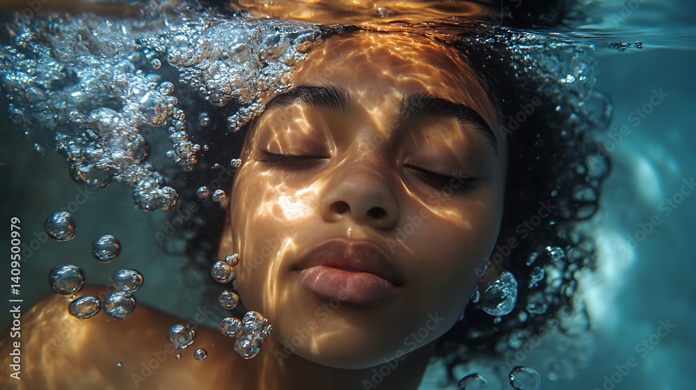 Underwater Portrait of Woman with Closed Eyes Surrounded by Bubbles in Tranquil Water