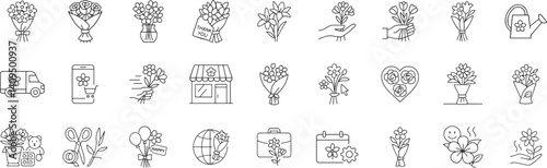 Flower bouquet service line icon set. Vector pictograms of arrangement, vase, wrap, roses, thank, wedding, birthday, sympathy, teddy, bear, chocolate, thin linear illustration.
