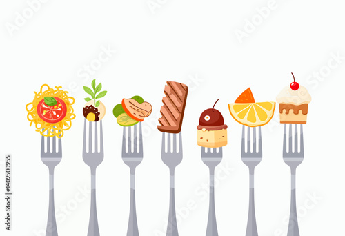 Cartoon Food on Forks: Pasta, Meat, Dessert Selection