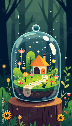 Cartoon House in Glass Dome on Stump in Forest at Night