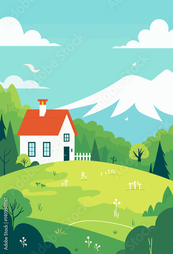 Cartoon House with Red Roof on Green Hillside Landscape