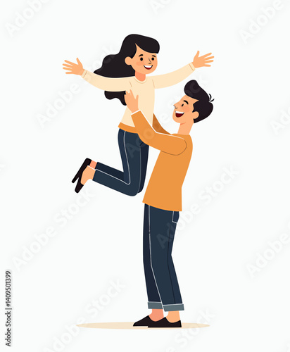 Cartoon man lifting woman in celebration, joy