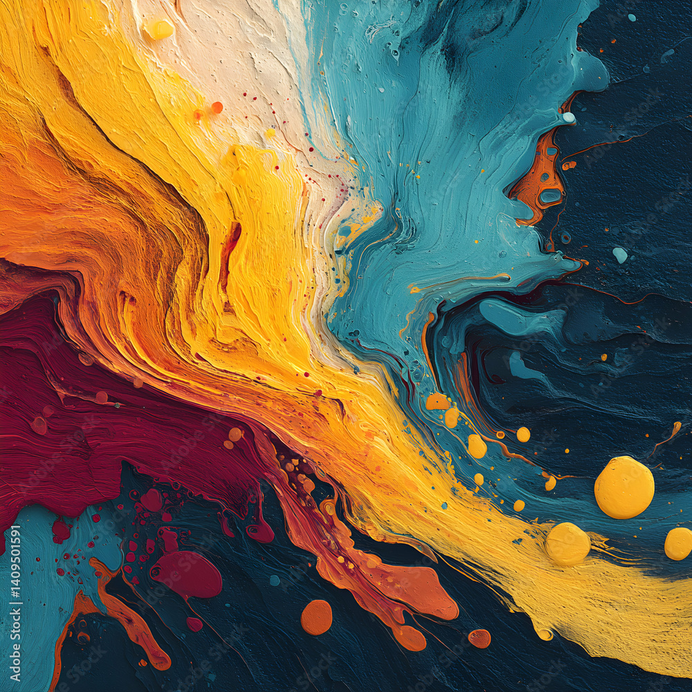 A vibrant abstract painting featuring flowing textures and a bold color palette of yellow blue and red