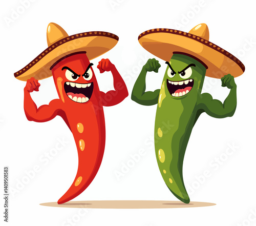 Cartoon red and green chili peppers wearing sombreros flexing