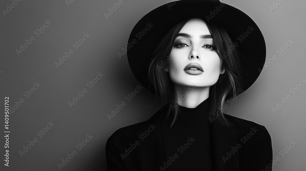 woman in black clothes on a monochrome background. Black and white photo - Portrait of a beautiful young woman dressed in all black on a minimalistic background woman in black clothes on a monochrome background. Black and white photo - Portrait of a beautiful young woman dressed in all black on a minimalistic background