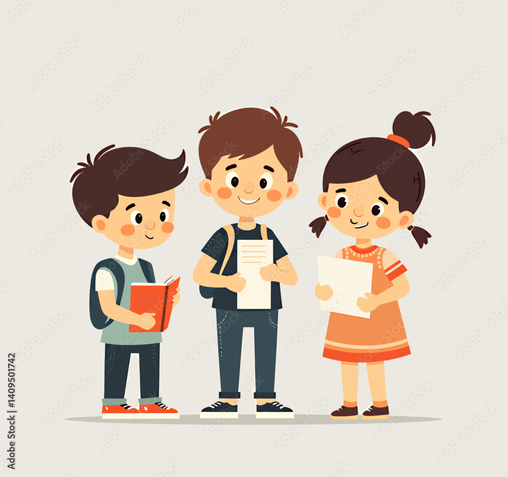 Cartoon Students: Two Boys, One Girl Holding Papers and Book Cartoon Students: Two Boys, One Girl Holding Papers and Book