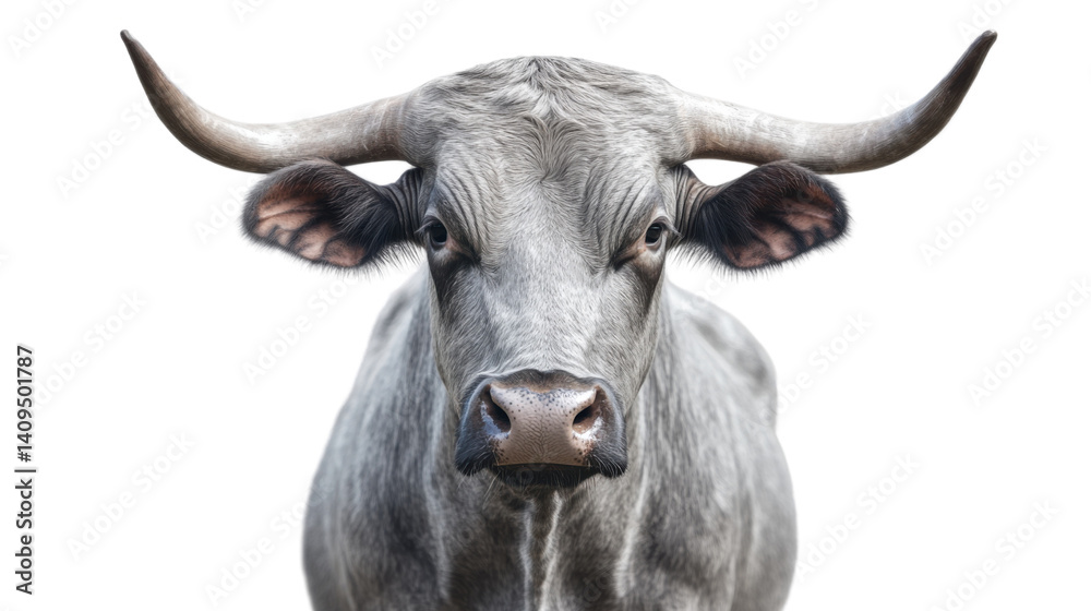 Naklejka premium Majestic Bull: A close-up portrait of a powerful bull with impressive horns, its gaze intense, representing strength and resilience.