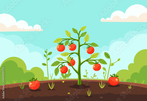 Cartoon Tomato Plant Growing in Garden Soil Under Blue Sky