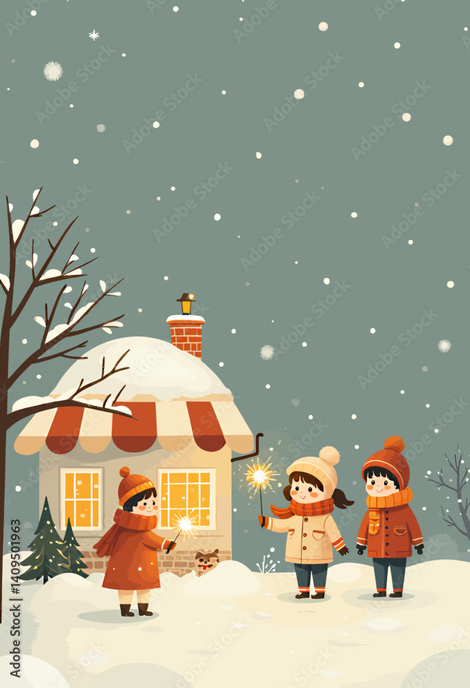 Children with sparklers celebrate winter near cozy house