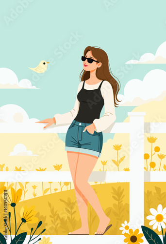 Cartoon Woman in Sunglasses by Fence with Yellow Flowers