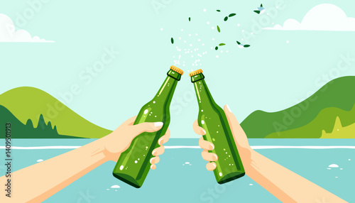 Cheers with Green Beer Bottles by Lake Illustration