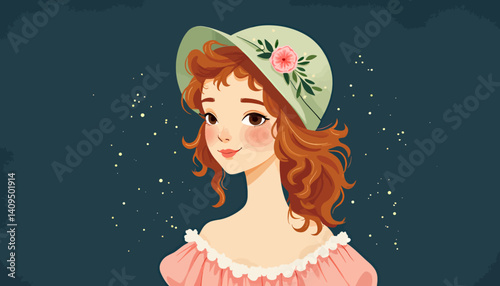 Cartoon woman with floral hat and pink dress