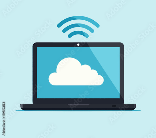 Cloud Computing Laptop with Wireless Connection on Blue