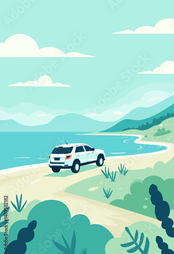 Coastal Road Trip with White SUV and Turquoise Sea