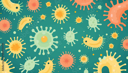 Colorful Cartoon Virus and Bacteria Pattern on Teal