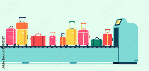 Colorful Luggage on Airport Conveyor Belt with Security Scanner