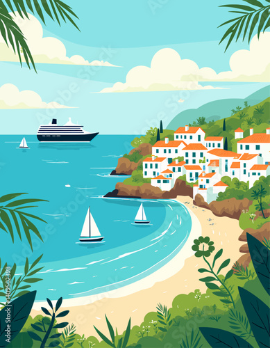 Coastal Village with Cruise Ship and Sailboats