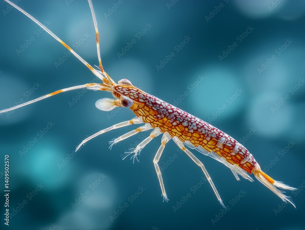macro photo of a copepod with long antennae, isolated on ocean-tone background, tiny aquatic crustacean, scientific macro image macro photo of a copepod with long antennae, isolated on ocean-tone background, tiny aquatic crustacean, scientific macro image