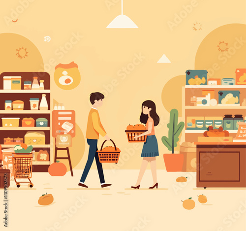 Couple shopping for produce in a grocery store illustration