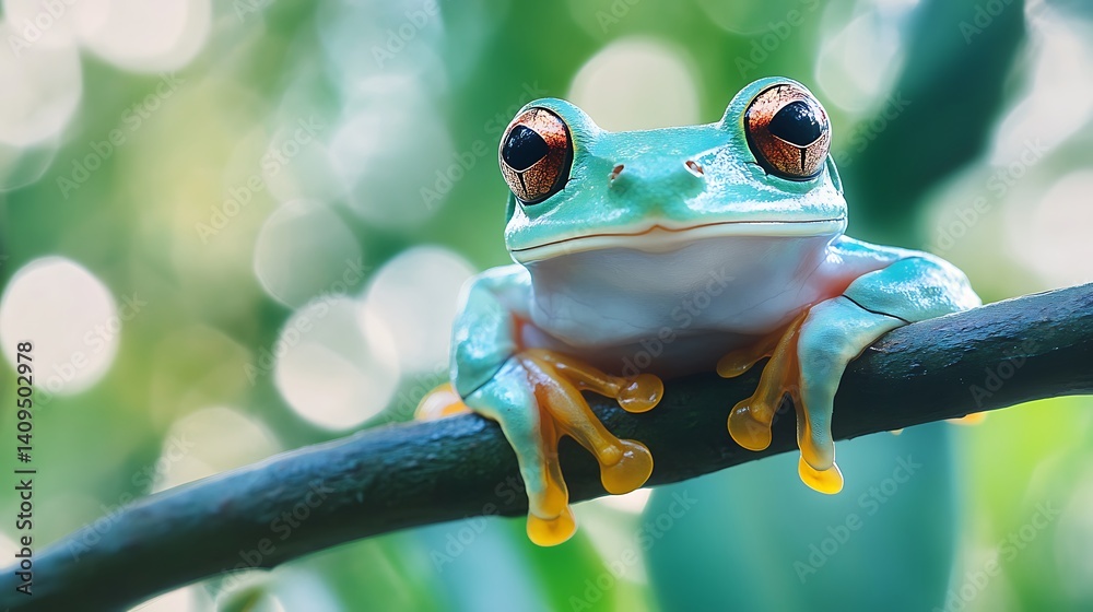 Vibrant Green Frog Resting on a Branch with Focus and a Blurred Green Background
