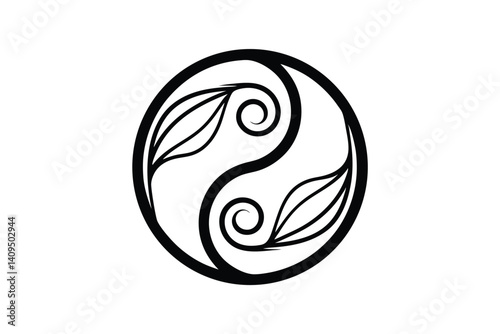 Yin And Yang Symbol With Leaf Elements In Black Outline Vector For Balance Concept
