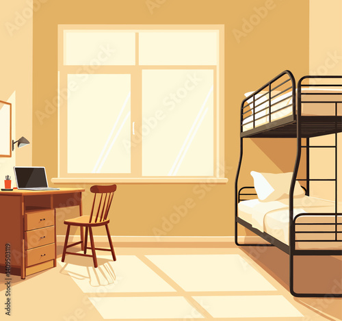Dorm room with bunk bed, desk, and laptop in warm tones
