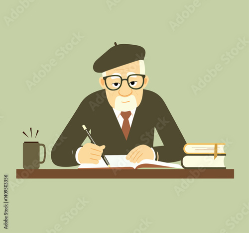 Elderly man in beret writing at desk with books and coffee