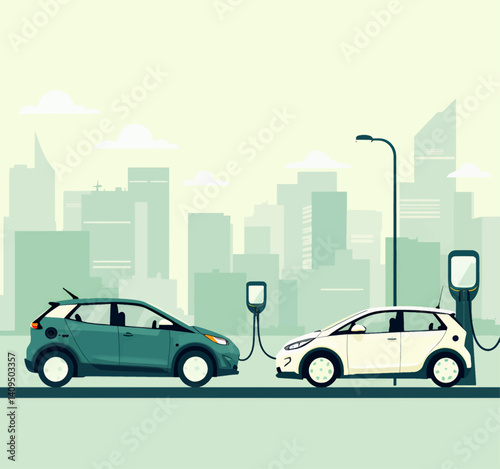 Electric cars charging in city, green and white vehicles