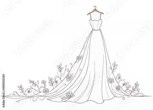 Elegant wedding dress sketch with floral accents on white