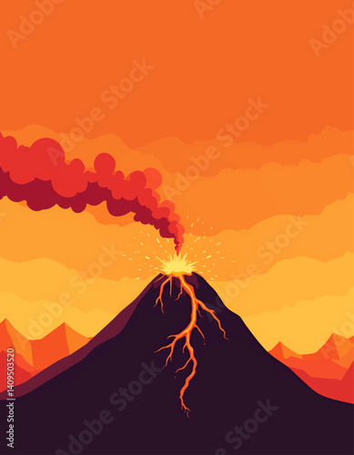 Erupting volcano with lava flow and orange sky