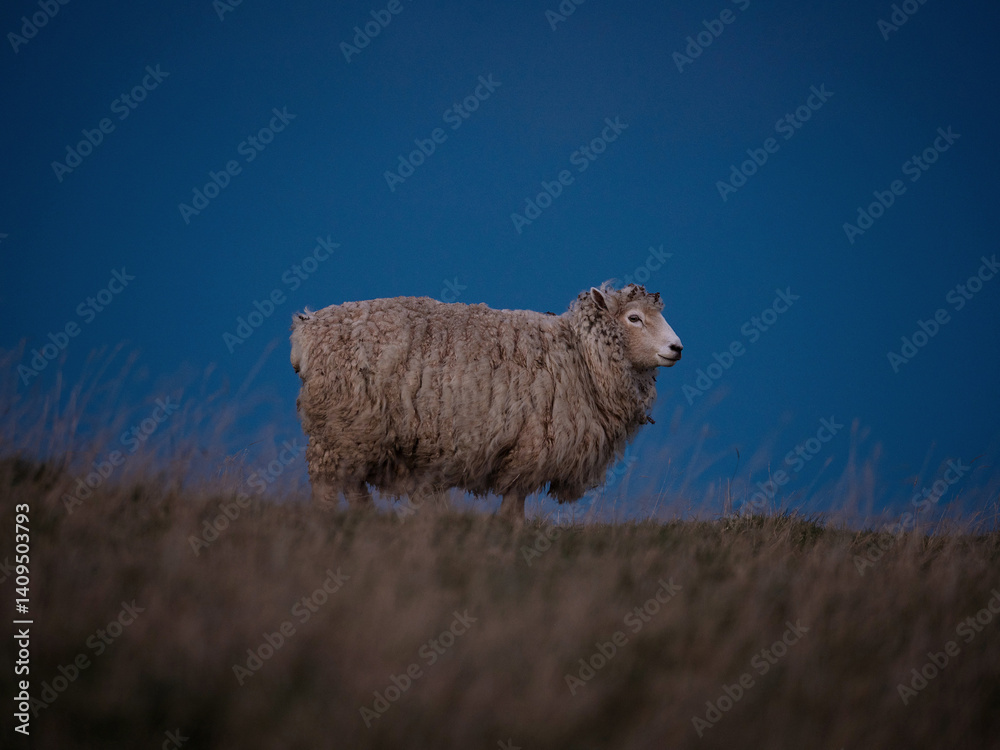 Obraz premium Closeup detail portrait of a single unshorn domesticated sheep standing on a grass meadow farmland at Florence HIll Lookout Catlins Otago New Zealand