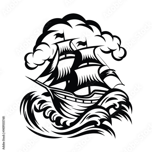 Monochrome Silhouette of a Ship Sailing on a Stormy Sea with Rolling Waves