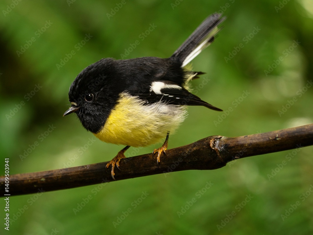 Obraz premium Detailed bokeh closeup portrait of a black yellow and white tomtit Petroica macrocephala sitting on a tree branch twig, South Island New Zealand