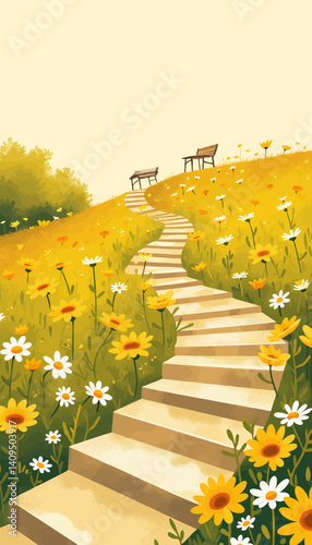 Floral Stairway to Benches, Yellow Meadow Scene