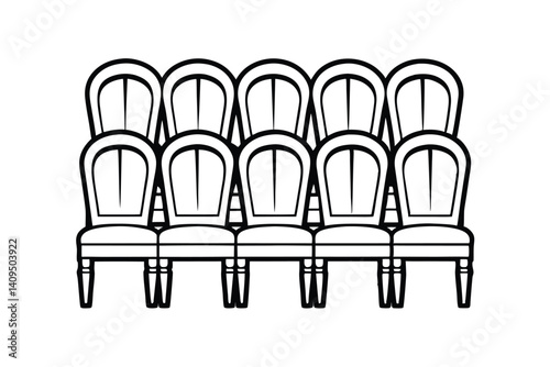 Black And White Outline Illustration Of Multiple Empty Theater Chairs Aligned Together Ready For An Event Or Performance